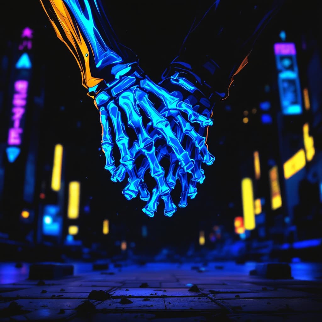 AI generated: blue bone hands tight together, anime, cyberpunk, style on black bacground,