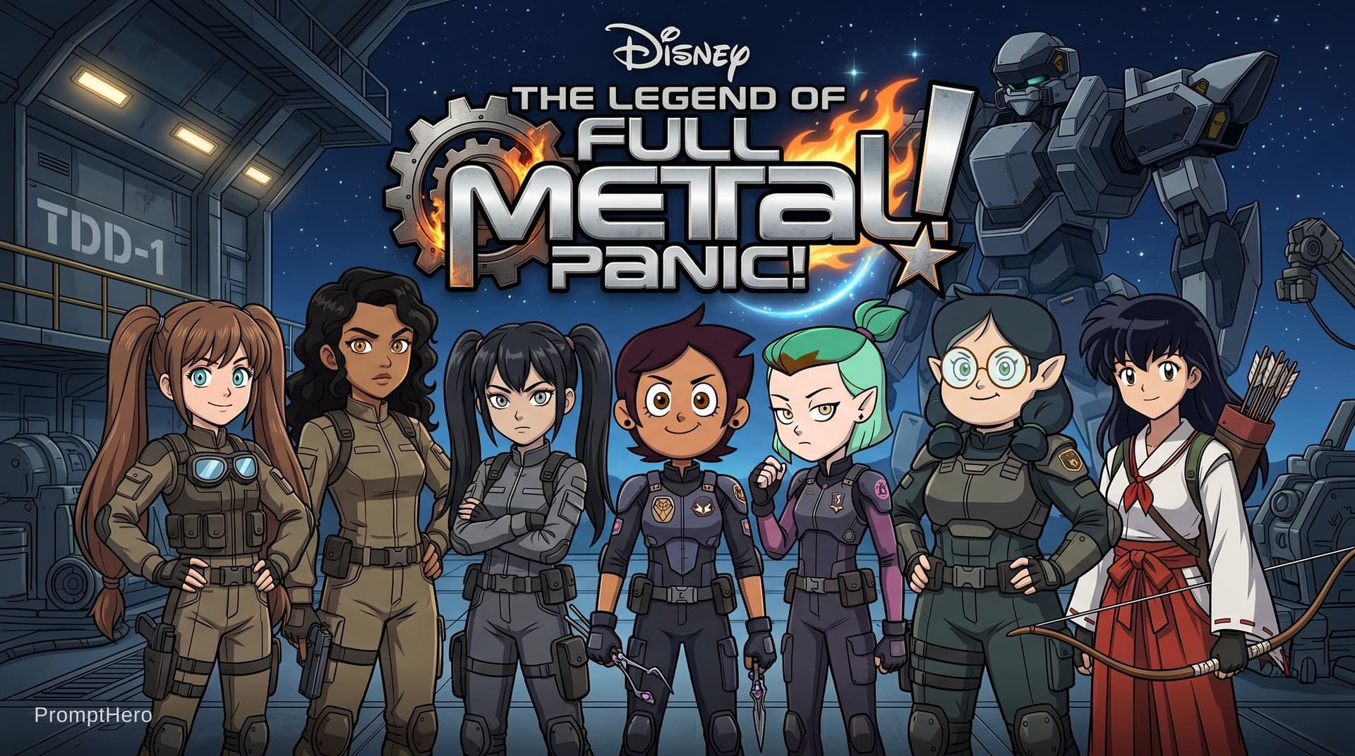 AI generated: Disney The Legend of Full Metal Panic! logo, featuring a teenage girl Pinkalicious Pinkerton with a ...