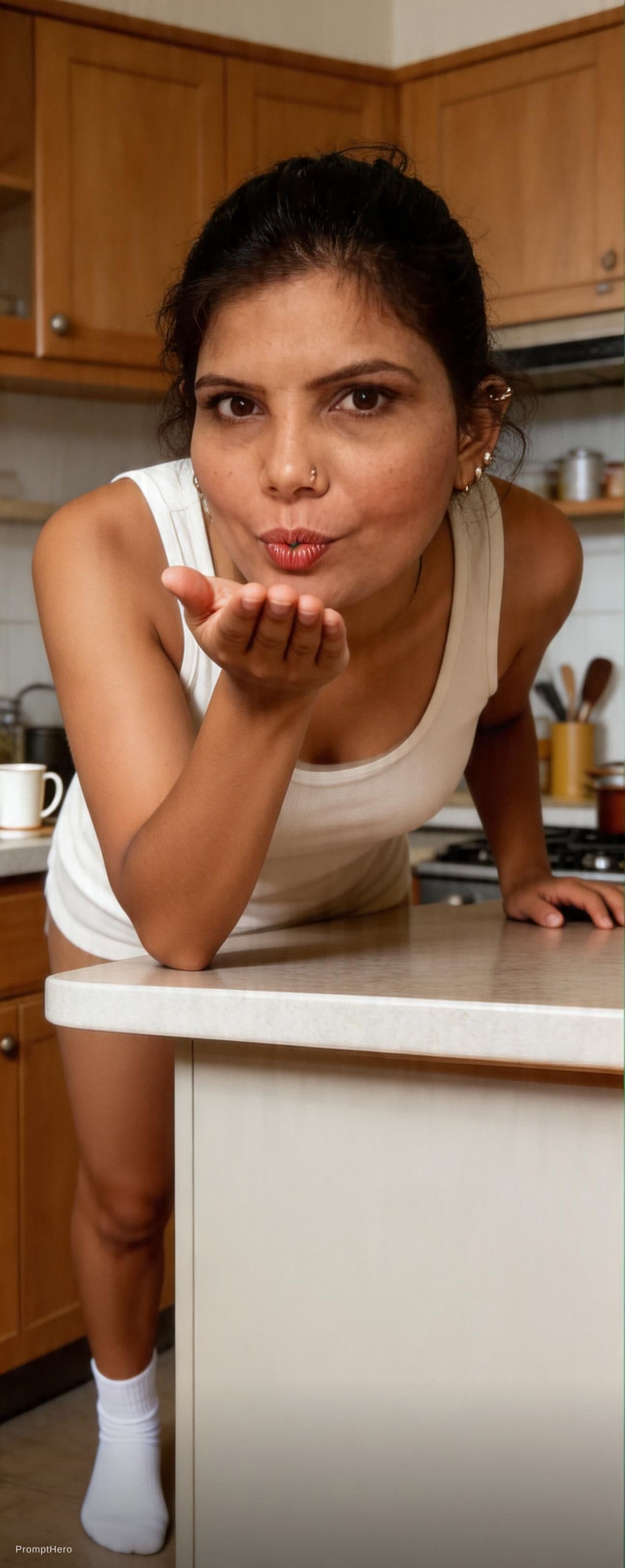 AI generated: Teasing, leans over on a kitchen desk, wearing a tanktop and white socks, eye contact biting blowing...