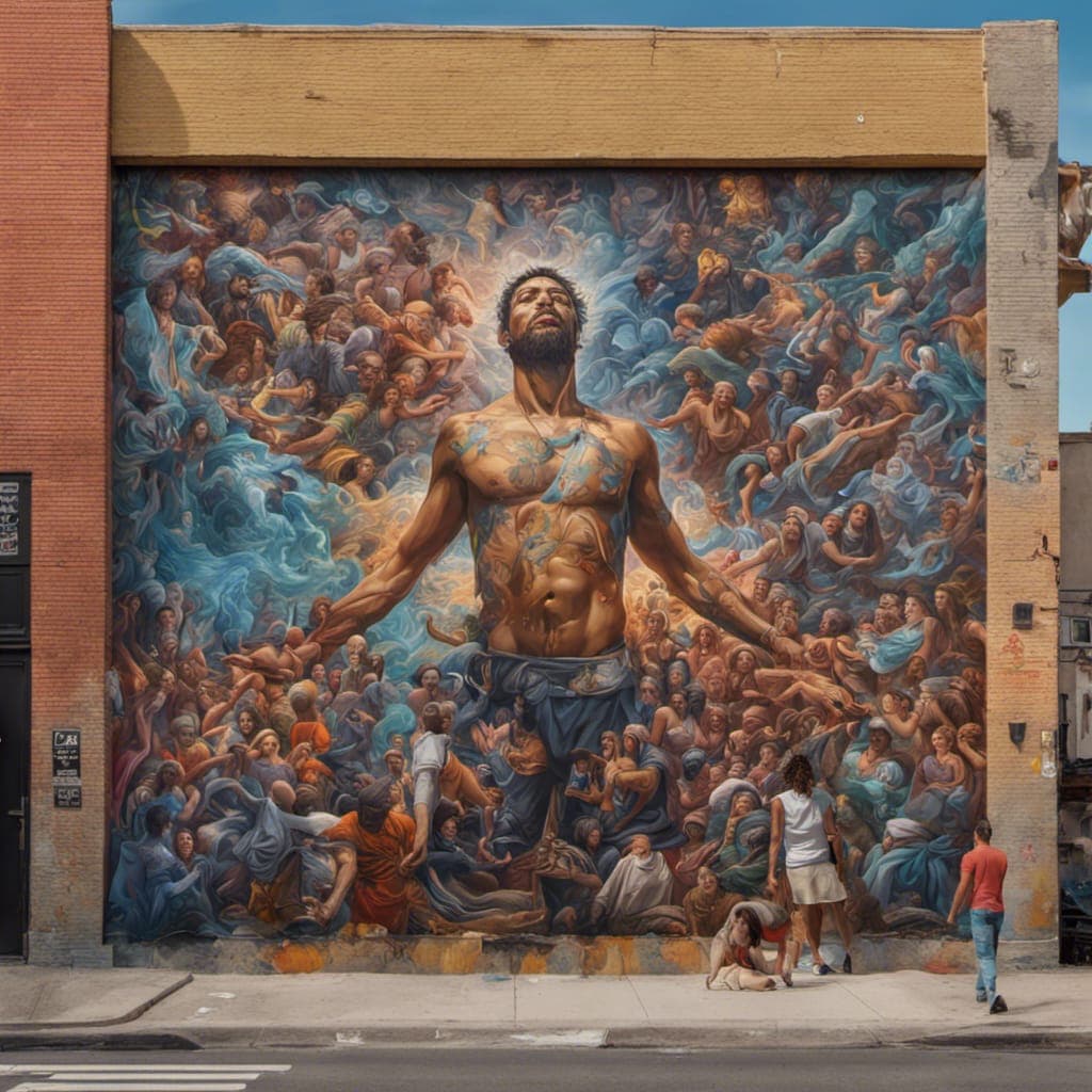 AI generated: a full wide view of a mural that spans an entire city block, showcasing the beauty of cultural diver...