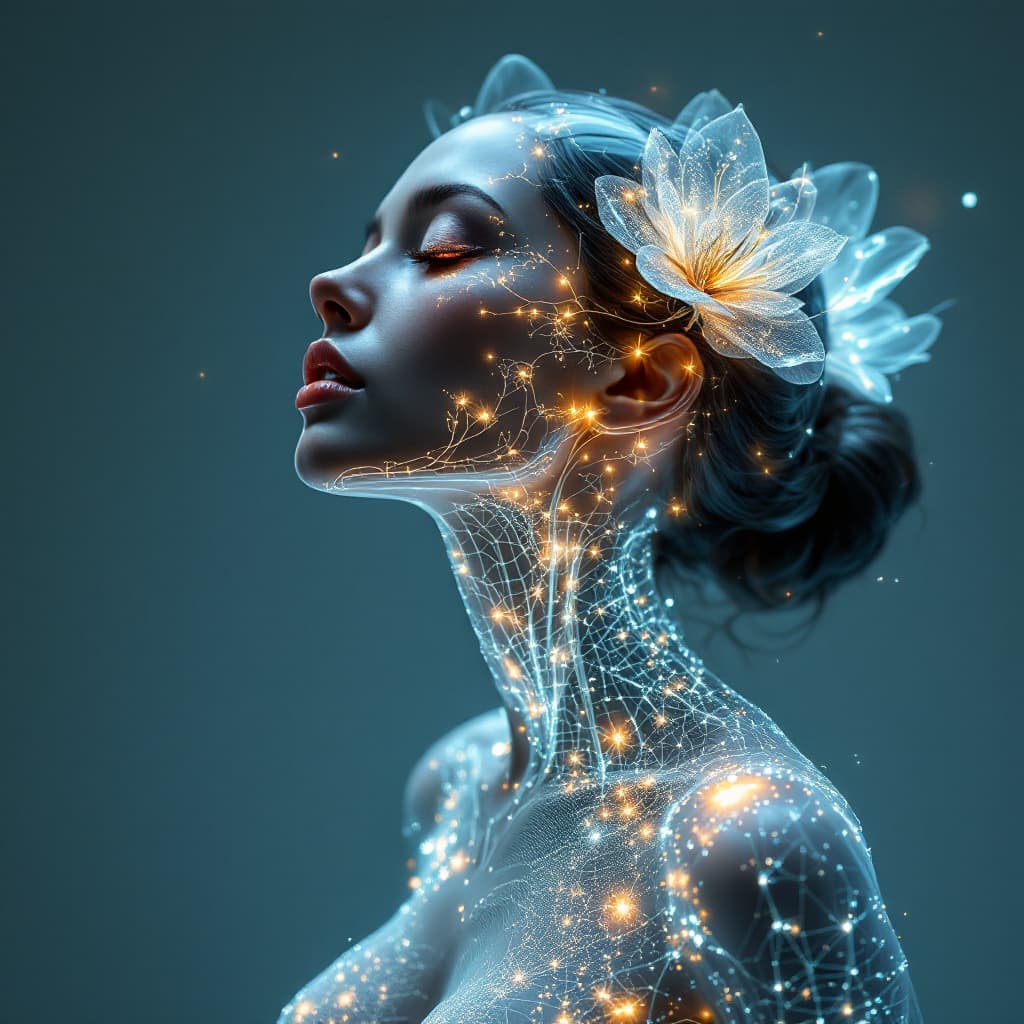 AI generated: female body, semi-transparent body, semi-ghost, futuristic lighting, intricate biopunk patterns, lig...