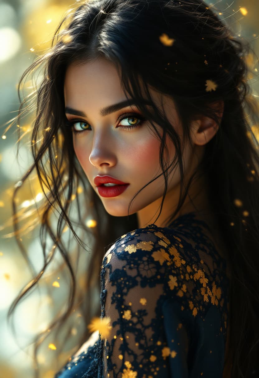 AI generated:  A hyper-realistic and fantastical portrait of an enchanting woman with long, flowing black hair, A ...