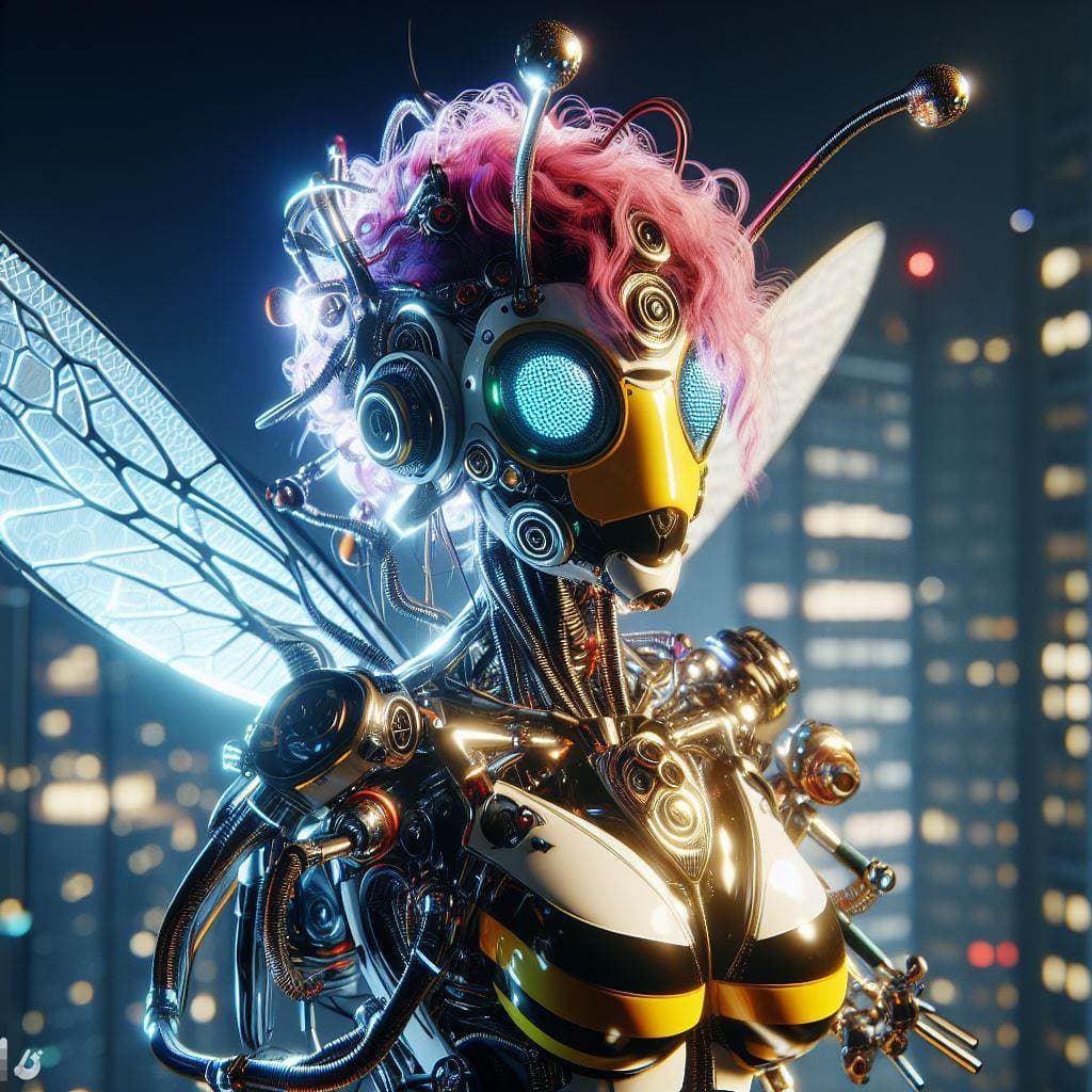 AI generated: a cyberpunk-inspired scene featuring an anthropomorphic queen bee. Apply algorithmic artistry, mecha...