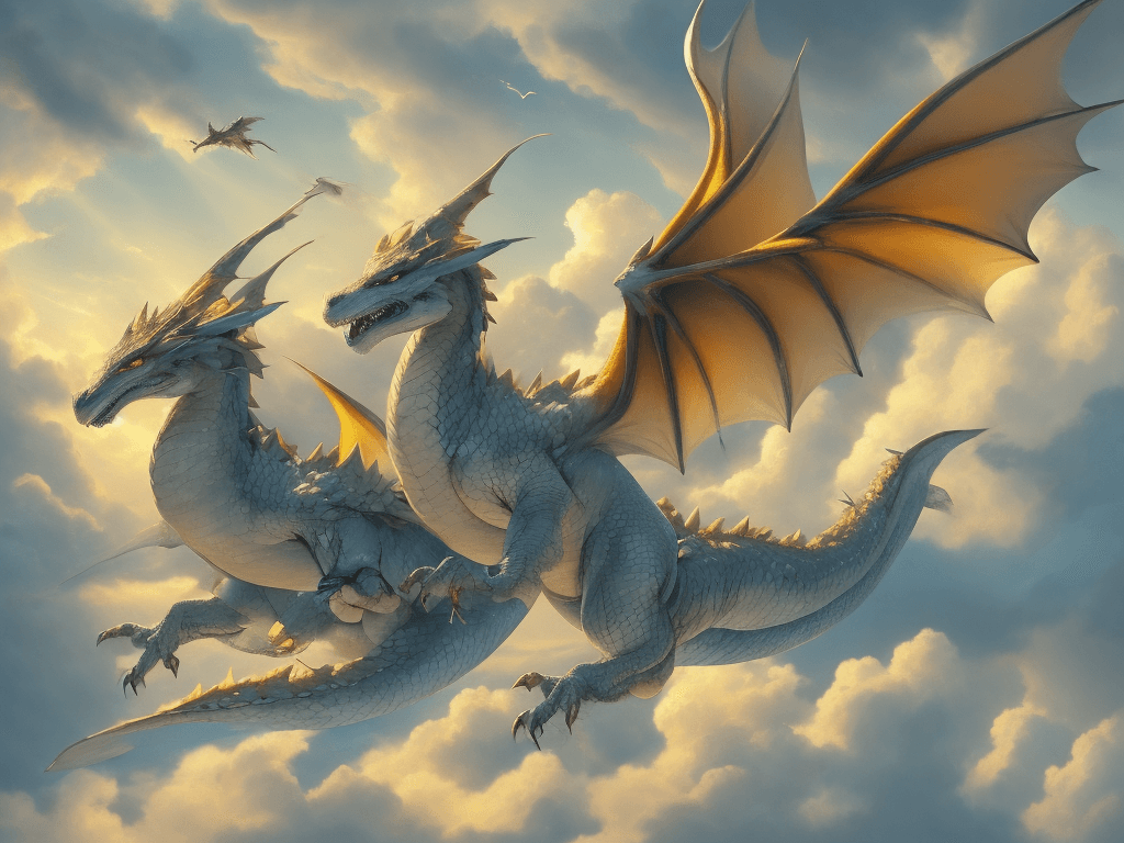 AI generated: Two magnificent dragons fly through the air around, their scales glinting like diamonds in the light...
