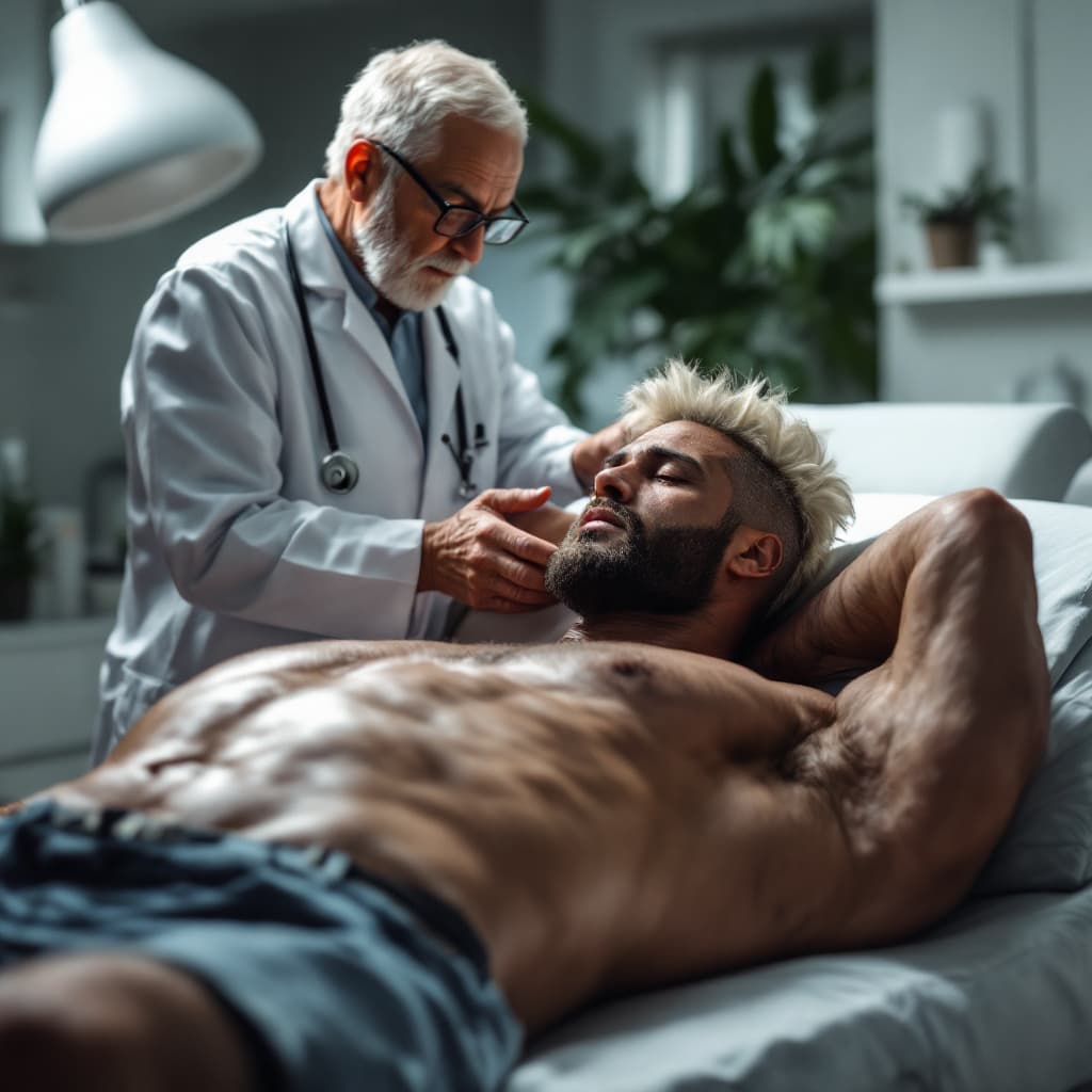 AI generated: high-resolution photo, elderly black doctor examines muscular male with platinum blonde hair, cutoff...