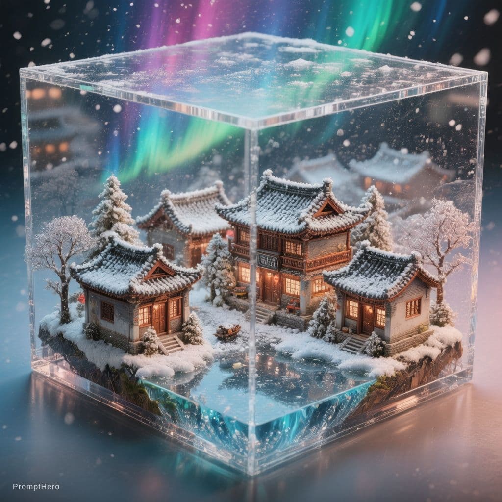 AI generated: Hyper-realistic isometric view of a scale model of a traditional Chinese village during winter with ...