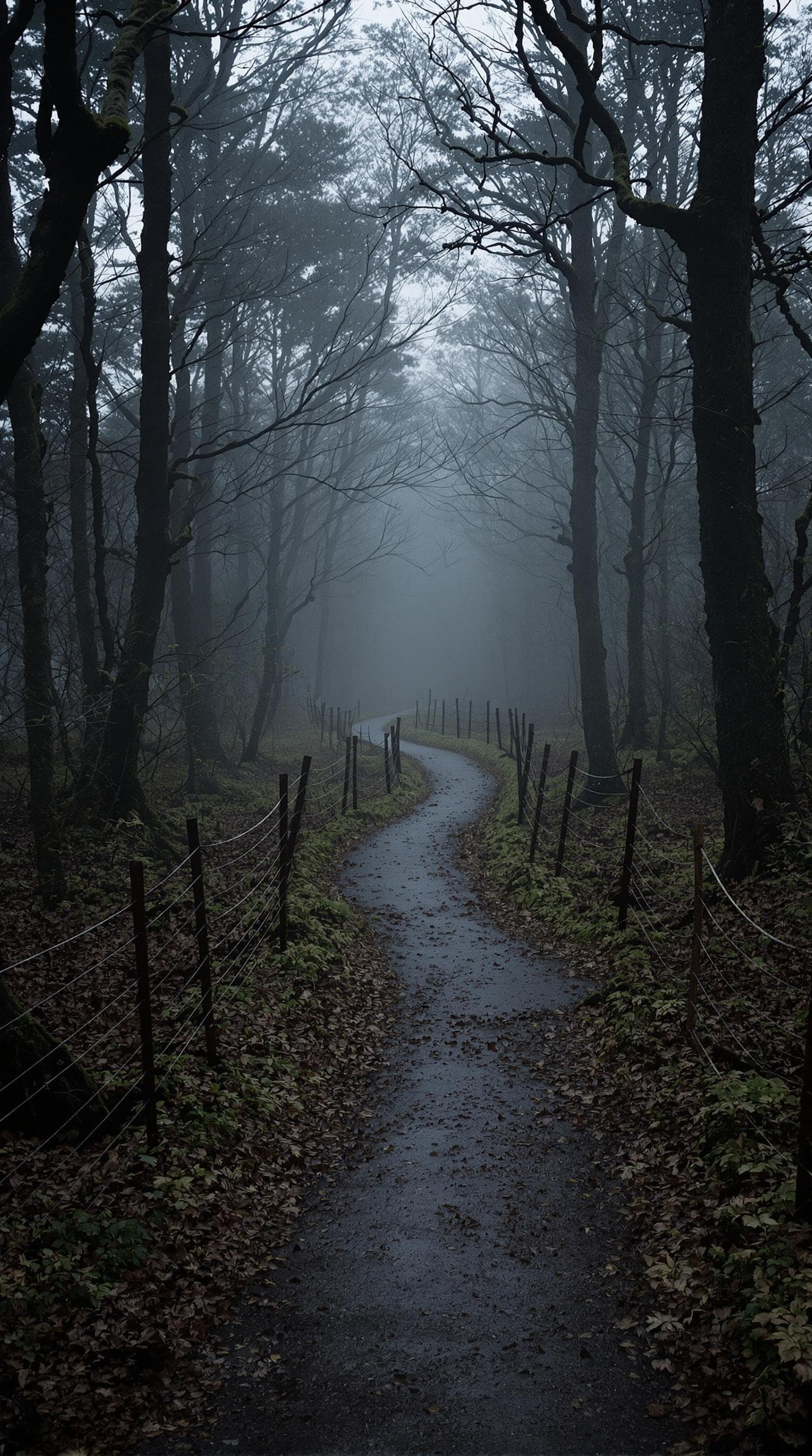 AI generated: A hyper-realistic forest path at dusk, winding through dense, mist-covered trees. The ground is over...