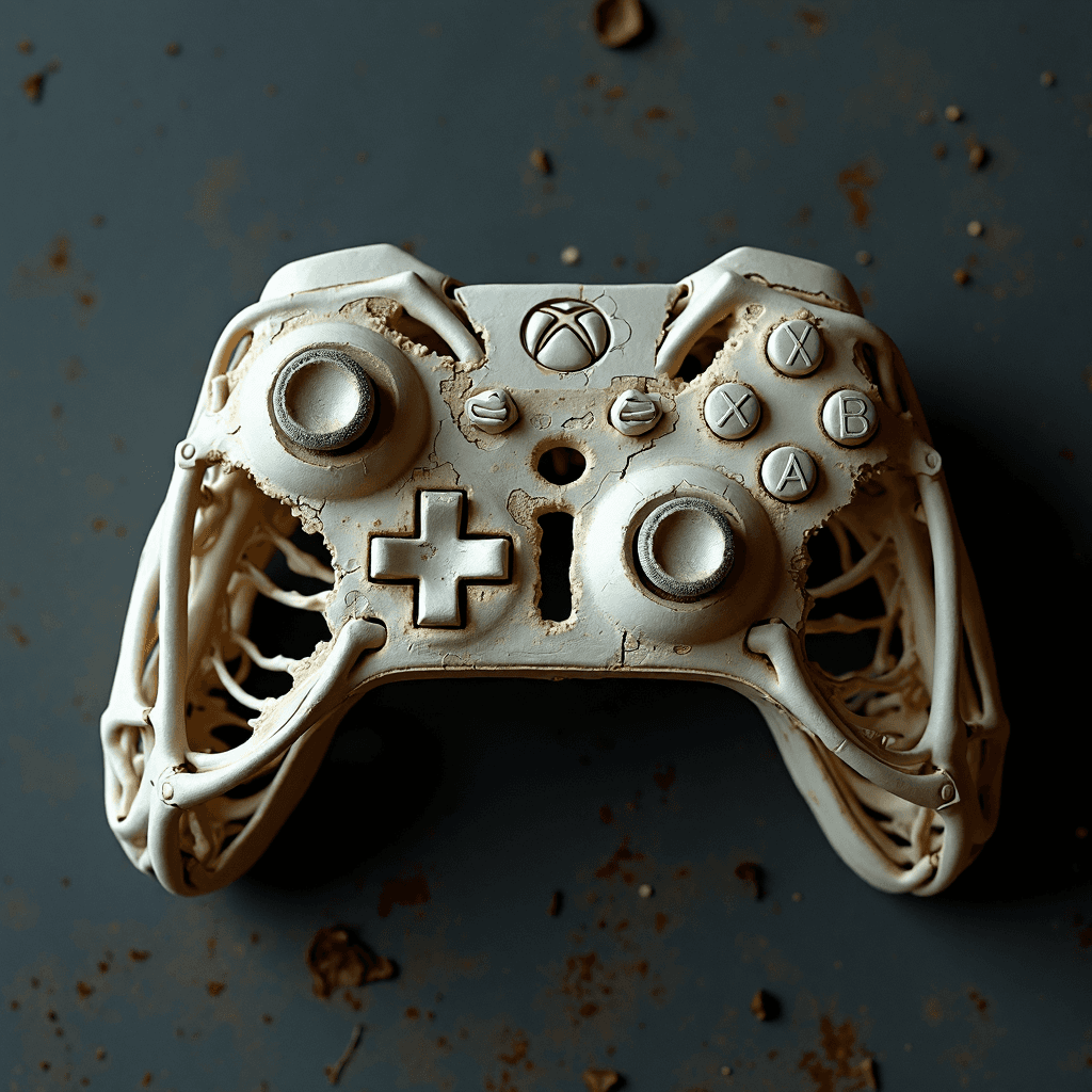 AI generated: An eerie (Xbox controller "X" "Y" "A" "B") crafted entirely from twisted, rib-like bones rests on a ...