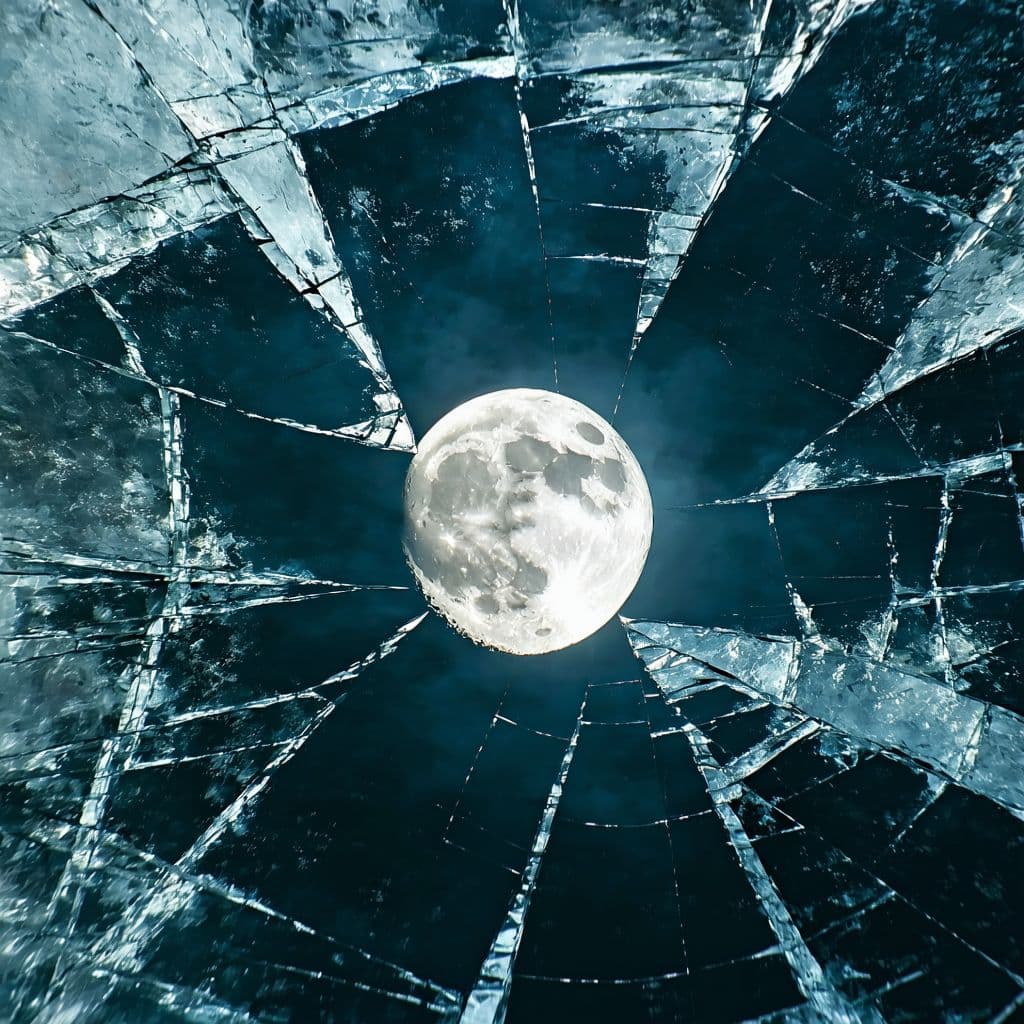 AI generated: top-down view, highly surreal, hyperrealistic, moody winter night, fractured glassy ice surface with...