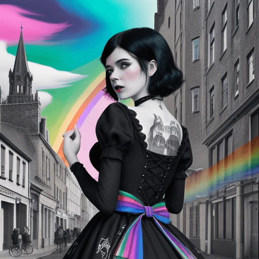 AI generated: gothic city, mcbess illustration, rainbow gouache —h 600
