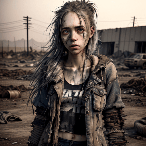 AI generated: brutal, 28-year-old woman clad in worn-out wasteland clothes, her long hairsticking out messily arou...