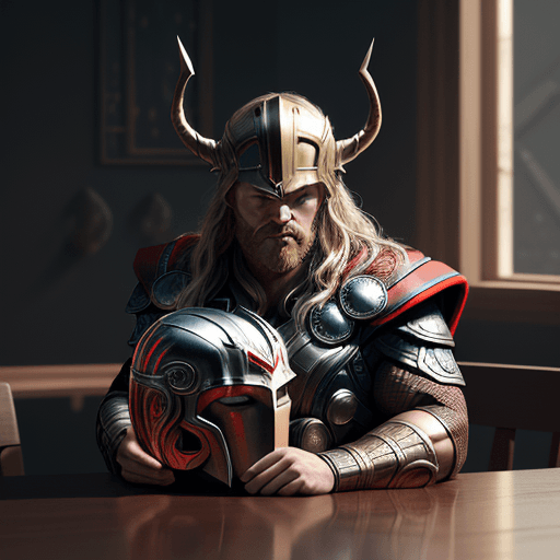 AI generated: Mug on the table with the design and character of thor  The helmet is gold and red dark, no watermar...