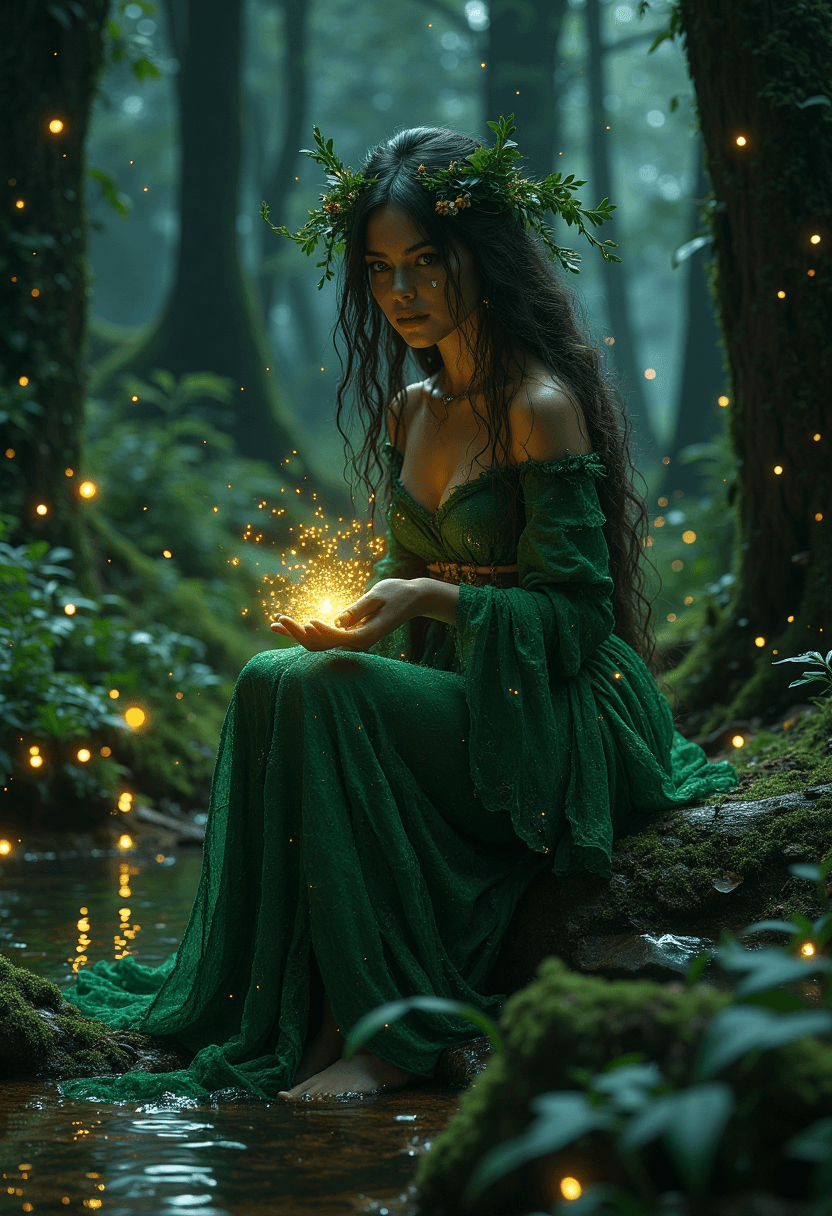 AI generated: Forest witch of stunning beauty sits on the banks of a small forest creek at night. wearing a forest...
