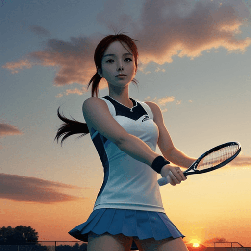 AI generated: anime style tennis character holding a tennis racket and watching sunset
