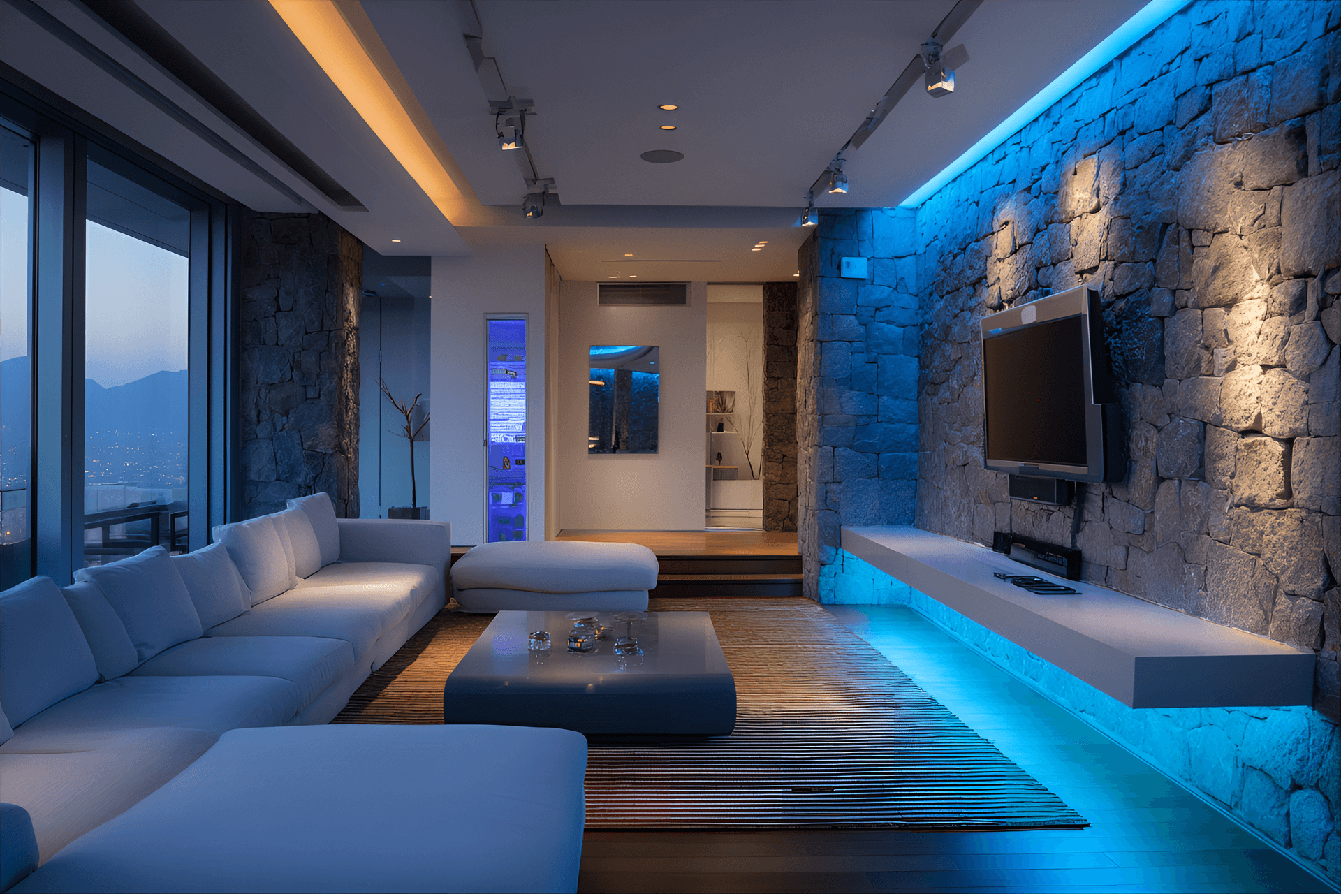 AI generated: photography, the room blends clean lines, organic textures and smart technology, embodying modern in...