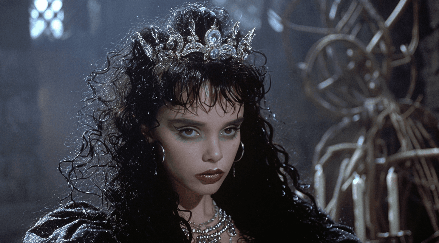 AI generated: VHS screengrab of the old VGRAF TV show, a model with extremely long black curly pigtails wearing a ...