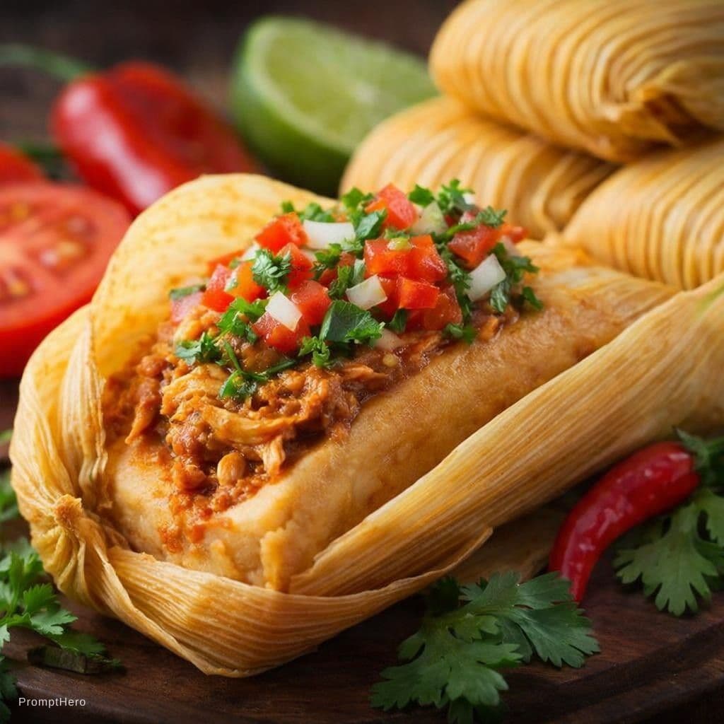AI generated: food photography , studio photography ,tamal focus on the delicious patty, vibrant toppings, vegetab...