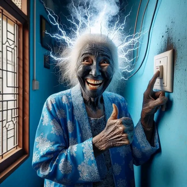 AI generated: 
a 70 year old woman wearing a batik dress and sarong was touching an electrical switch on the wall...