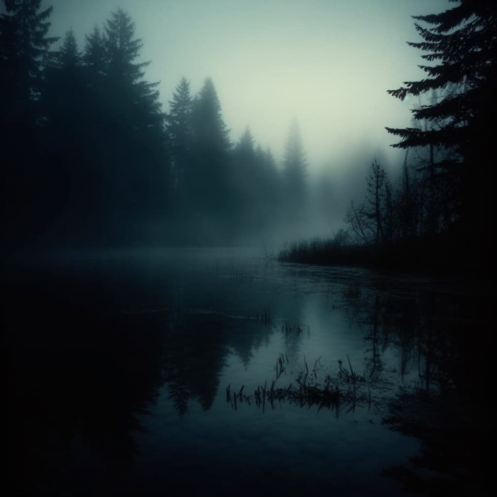 AI generated: A dark deep thick foggy lake in the middle of tall pine trees at night, illuminated by moonlight, ee...