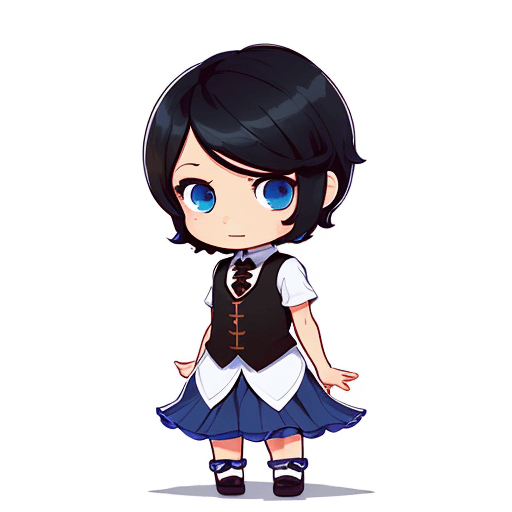 AI generated: best quality, illustration, 1girl, black short hair, blue eyes, brown vest, white shirt, white backg...