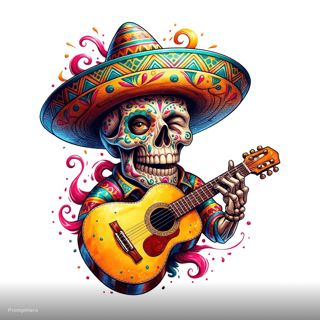 AI generated: A unique Mexican sugar skull smiling warmly, wearing a highly detailed festive sombrero hat, holding...