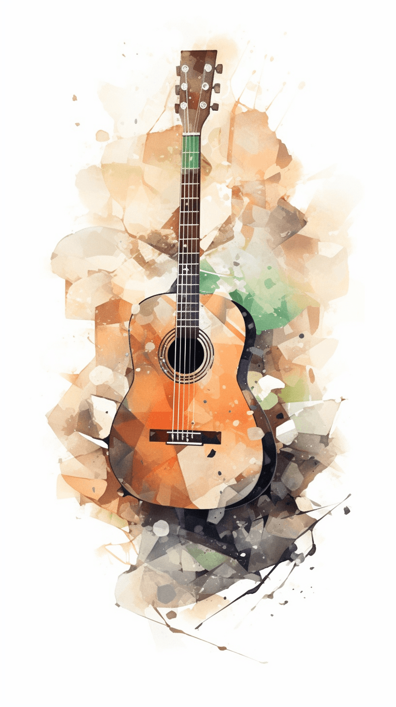 AI generated: Low angle, view of a shattered guitar, delicate touch, watercolor Paint, harmonious Shade, art by Da...