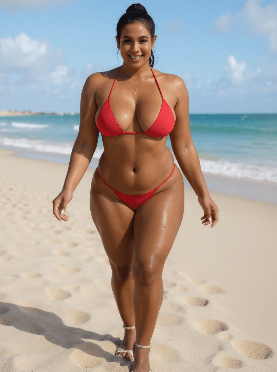 AI generated: create this model to be in beach with red bikini remove the high heels 