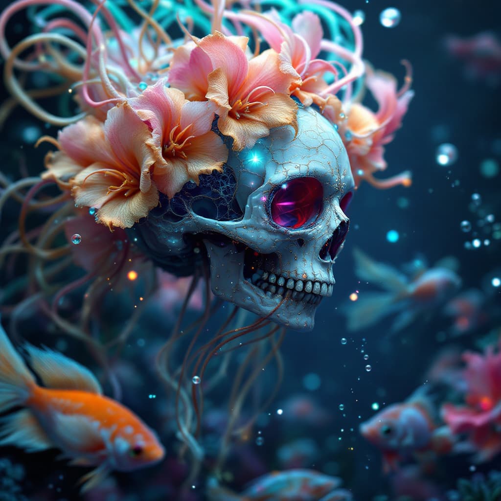 AI generated: The archer, Taylor Swift l. jellyfish phoenix head, nautilus, orchid, skull, betta fish, bioluminisc...
