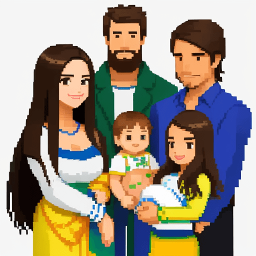 AI generated: create a pixel style image of a family os brazilians with 3 people: a woman, a man and a baby. The w...