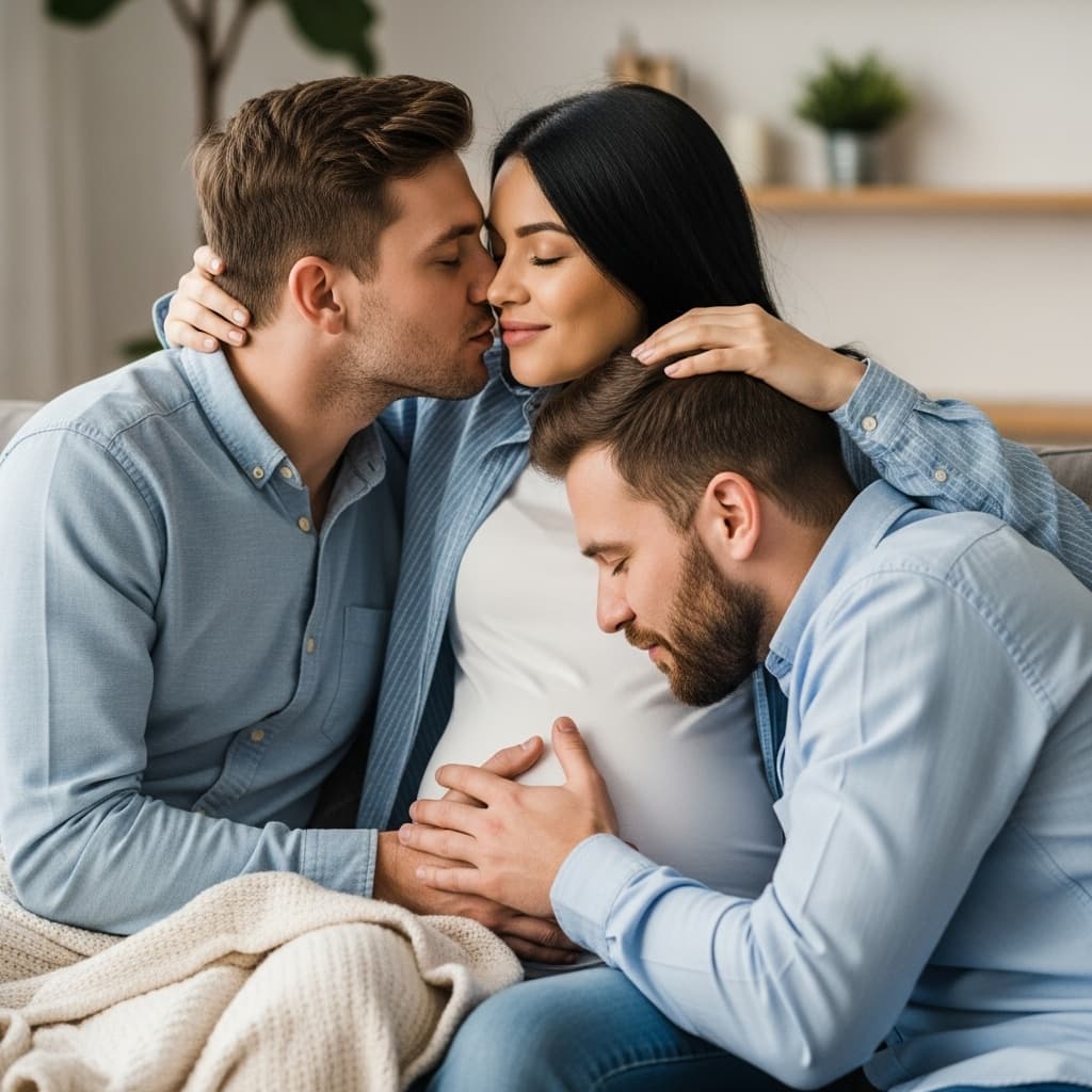 AI generated: One guy kissing the woman lips and second guy kissing the woman belly