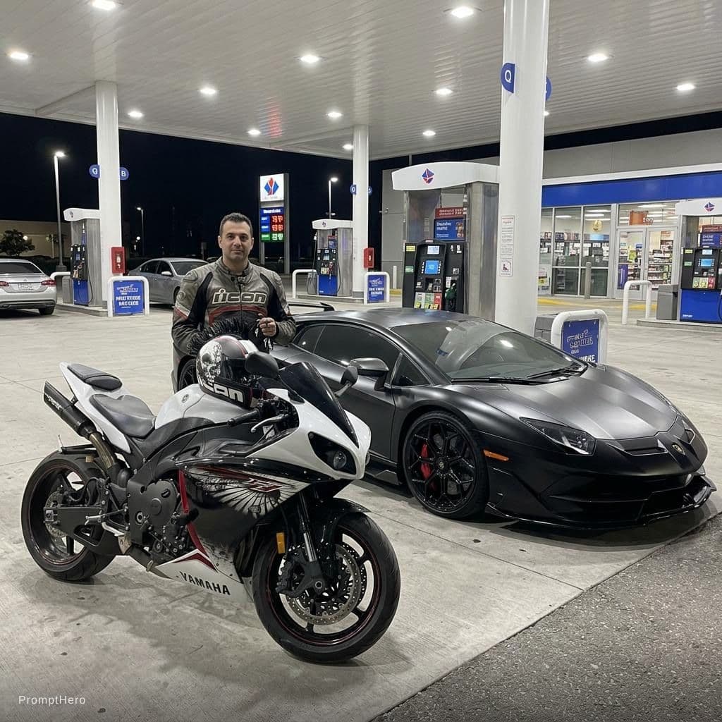 AI generated: Add with me black Lamborghini Aventador in Gas Station 