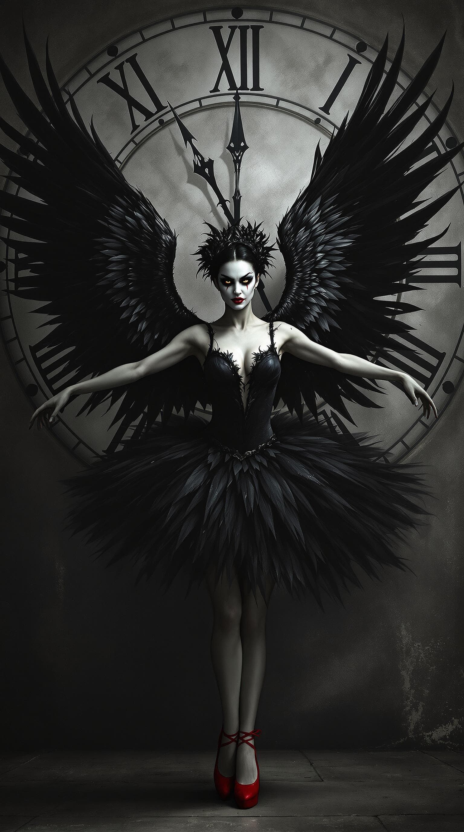 AI generated: The image depicts a ballerina in a black tutu, with wings that resemble a raven's feathers. She is s...