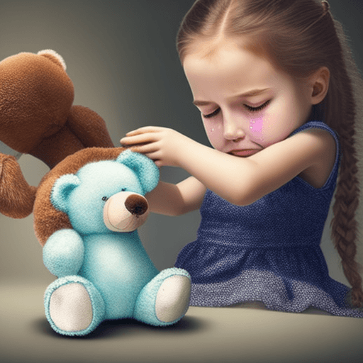 AI generated: A young girl pulling the soul out of her teddy bear, photorealistic, teddy bear crying glass tears, ...