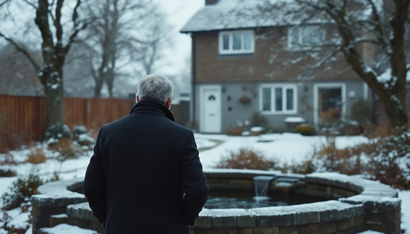 AI generated:  high definition camera shot from behind  - a man wearing black coat and viewing a well from aa dist...