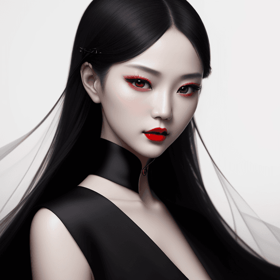 AI generated: ultra-realistic a beautiful Chinese photographer Zhang Jingna, wearing a black dress and red lipstic...
