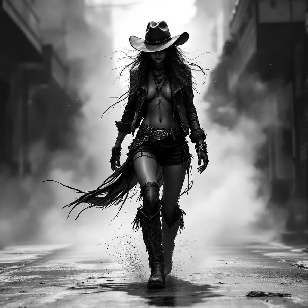 AI generated: A digital drawing of an urban cowgirl, full body, walking on the street, wearing cowboy boots and ha...