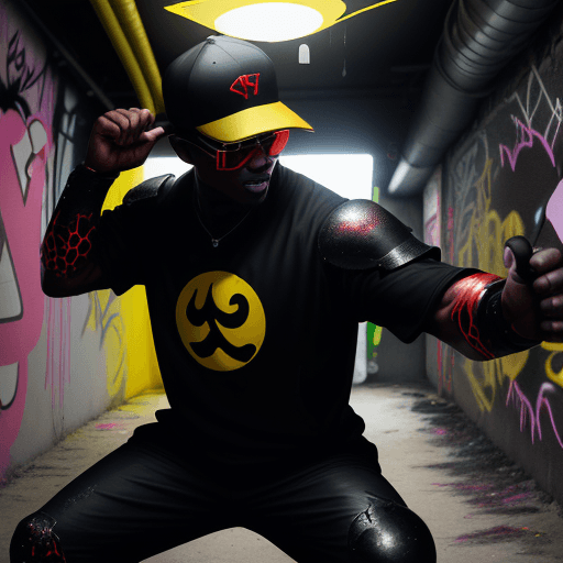 AI generated:  A blackman, wearing a black baseball cap backwards, red sunglasses, in a black metallic dark knight...
