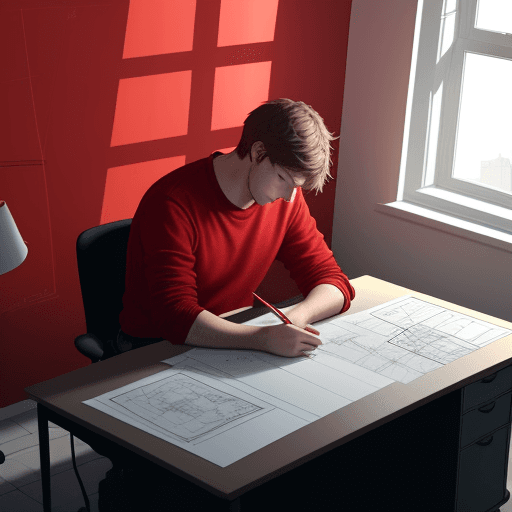 AI generated: Hyper-realistic student in his architectural student room that can project his dreams, his tiredness...