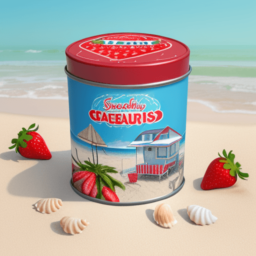 AI generated: A realistic stand-up tin product photo mockup decorated with shells and crepes and strawberries with...