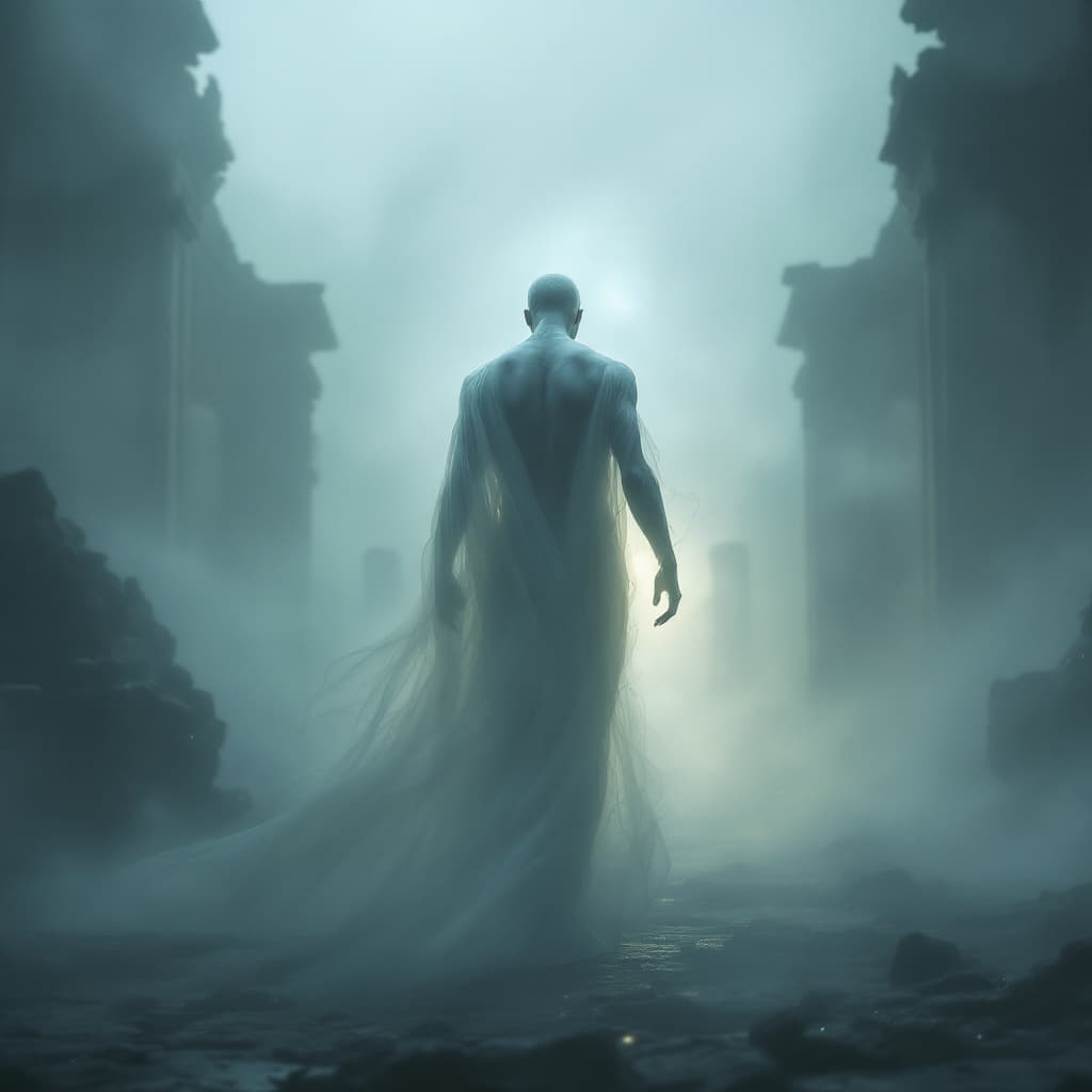 AI generated: A fine art, hyper-realistic, cinematic image of a man with their back to me standing gracefully amid...