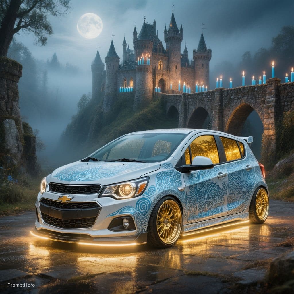 AI generated: A photo realistic 2017 Chevrolet spark from a front side view. The car is lowered, a metallic white ...