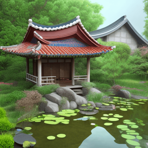 AI generated: Korean style house, tiny pond in the yard, it is raining outside. Hyper realistic, high resolution.