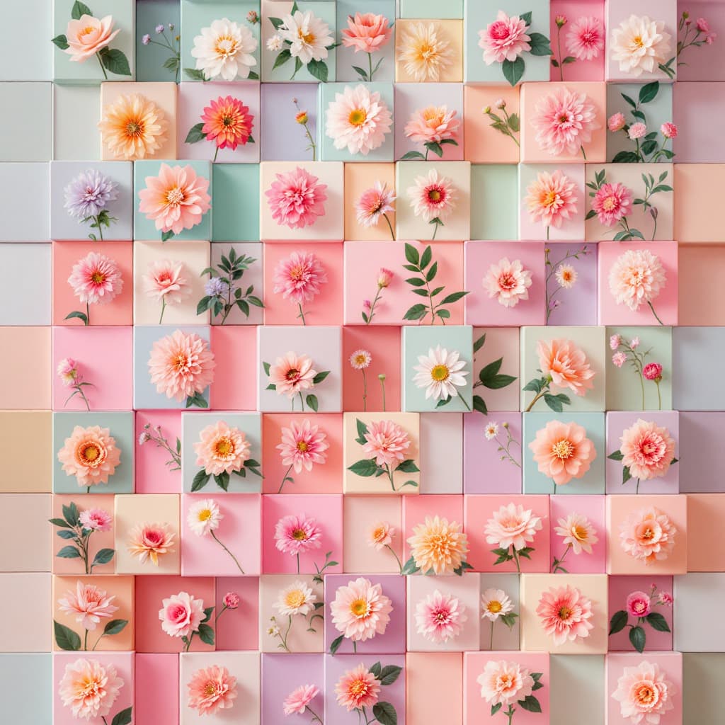 AI generated: vertical small equal sized tiles that fill the screen and every tile has an image of a flower that i...