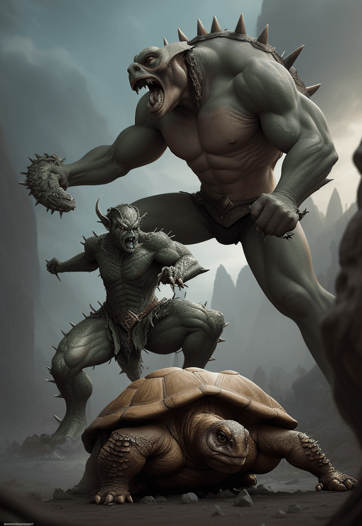AI generated: Malformed generic fantasy half-elf creature fighting a massive monstrous tortoise with hyperrealisti...