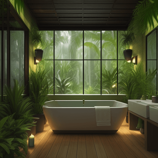 AI generated: Luxury bathroom full of green plants, plants on the floor, on the wall, in the windows, like a relax...