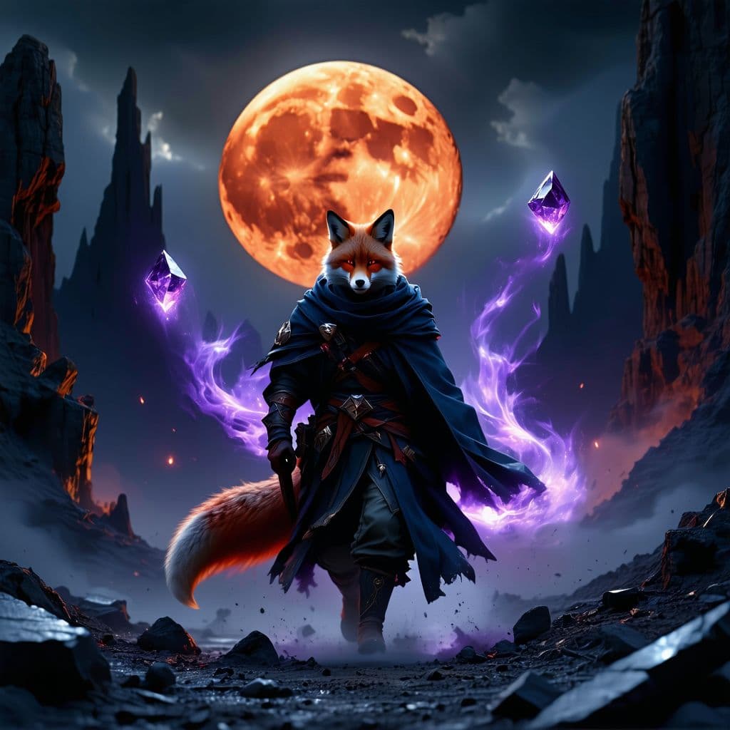 AI generated: Beneath a blood-red moon, the fox mage strides through a desolate wasteland. Jagged rocks and broken...