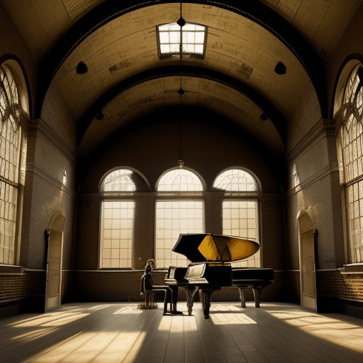 AI generated: haunted train station, brick walls,   large oval windows, high vaulted ceiling, gold tones, black gr...