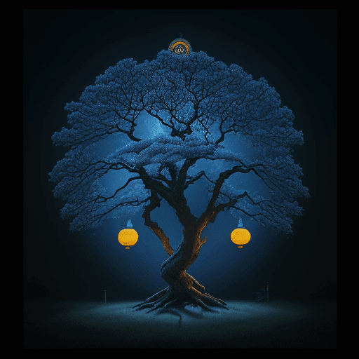 AI generated: Blue moon shining above a tree with lanternshanging from it, wildlife photography, painting