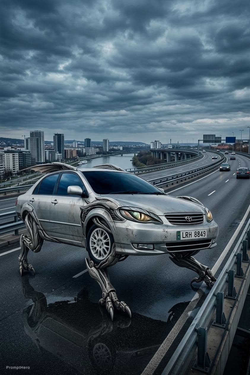 AI generated: a beautiful car creature in a highway in a cloudy day prompts
