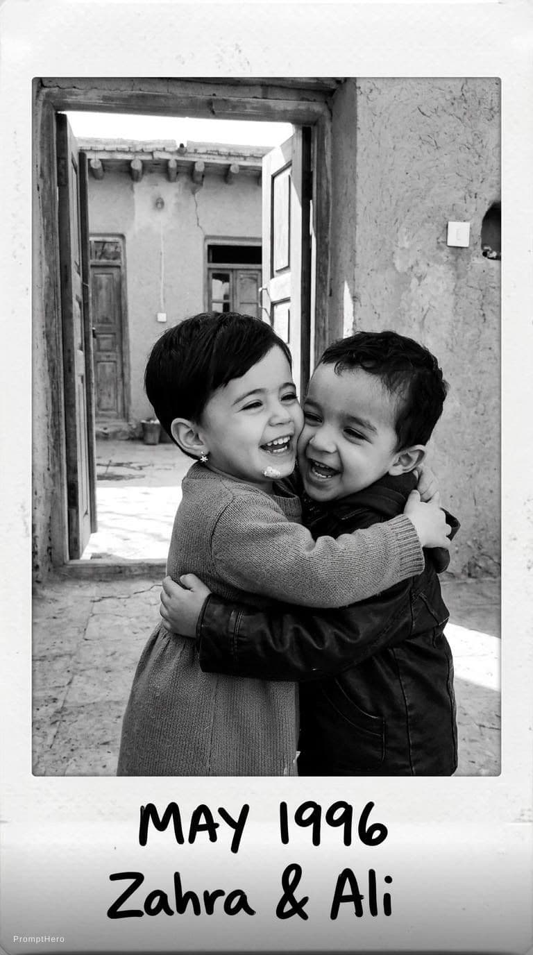 AI generated: Put a photo of these two beautiful
children next to each other, hugging and
laughing, and in the bac...